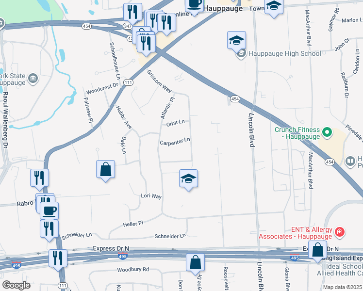 map of restaurants, bars, coffee shops, grocery stores, and more near 24 Carpenter Lane in Hauppauge