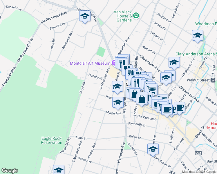 map of restaurants, bars, coffee shops, grocery stores, and more near 51 South Mountain Avenue in Montclair