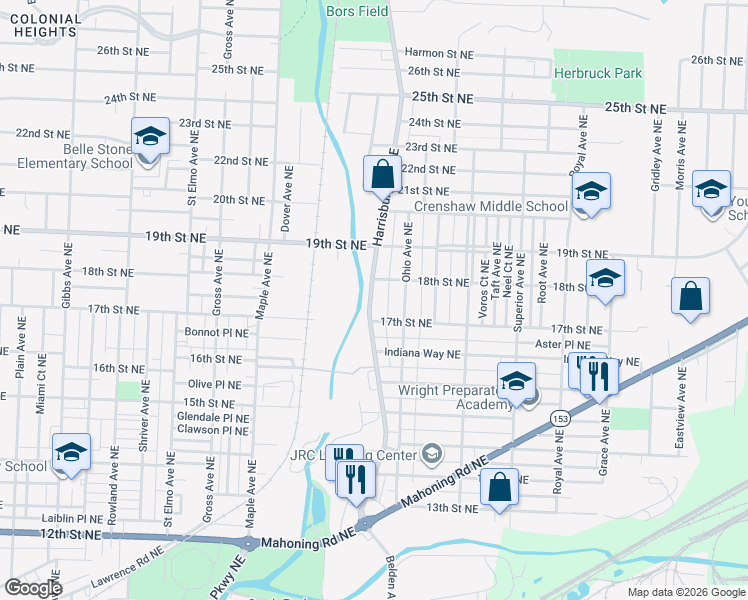 map of restaurants, bars, coffee shops, grocery stores, and more near 1723 Harrisburg Road Northeast in Canton