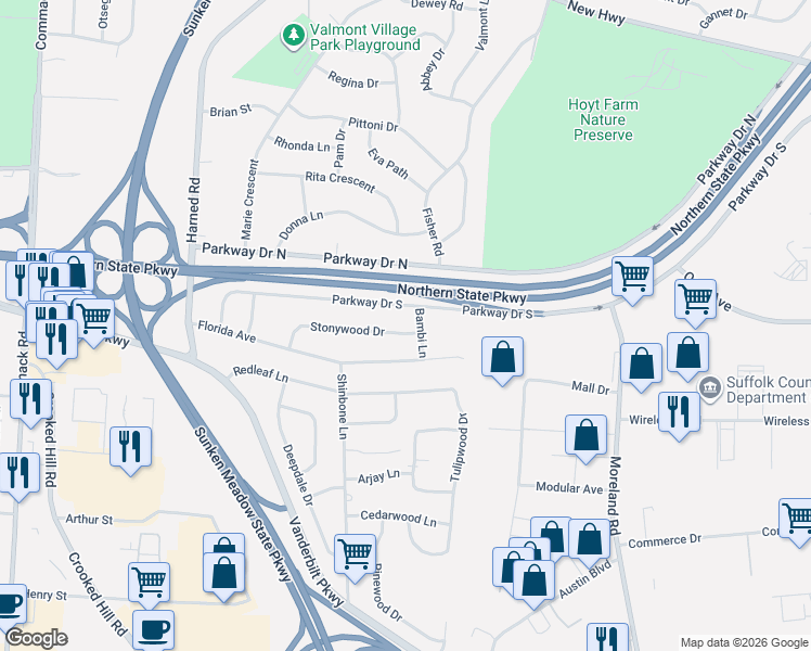 map of restaurants, bars, coffee shops, grocery stores, and more near 40 Stonywood Drive in Commack
