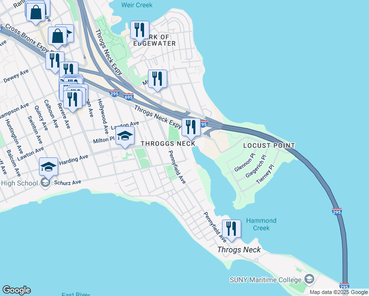 map of restaurants, bars, coffee shops, grocery stores, and more near 152 Prentiss Avenue in Bronx