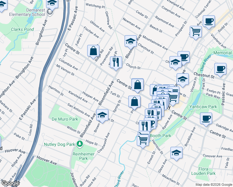 map of restaurants, bars, coffee shops, grocery stores, and more near 18 Taft Street in Nutley