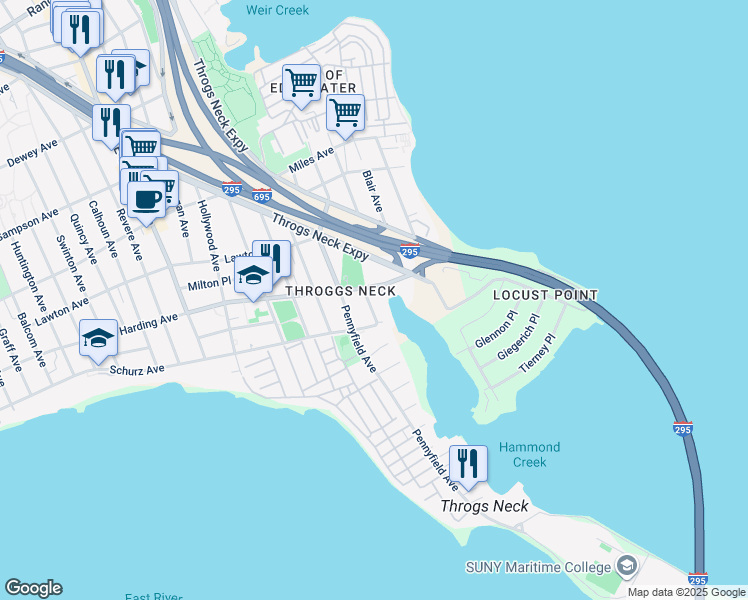 map of restaurants, bars, coffee shops, grocery stores, and more near 152 Prentiss Avenue in The Bronx
