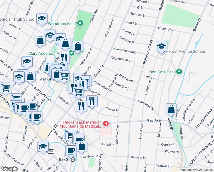 map of restaurants, bars, coffee shops, grocery stores, and more near 50 Cambridge Road in Montclair