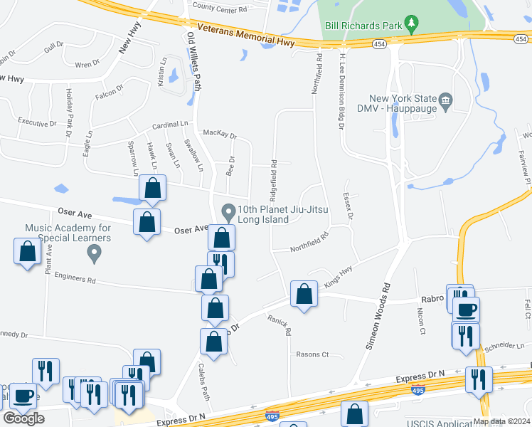 map of restaurants, bars, coffee shops, grocery stores, and more near 350 Ridgefield Road in Hauppauge