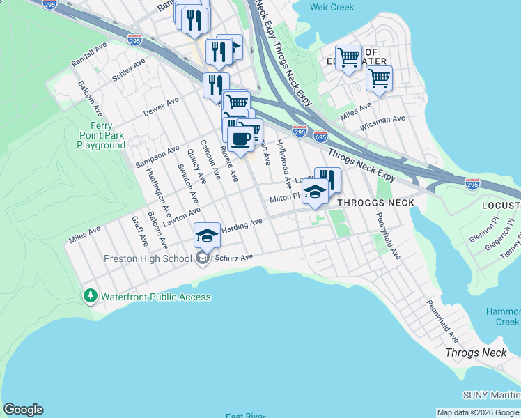 map of restaurants, bars, coffee shops, grocery stores, and more near 222 Revere Avenue in Bronx