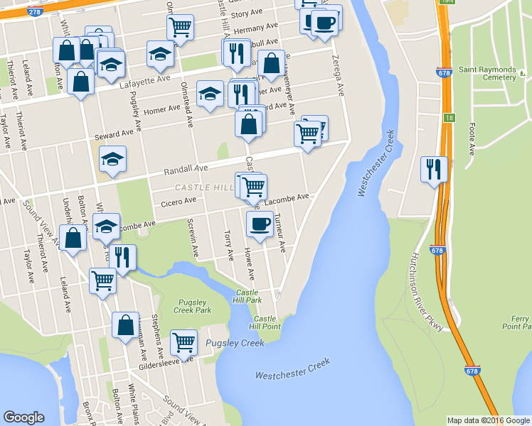 map of restaurants, bars, coffee shops, grocery stores, and more near 455 Turneur Avenue in Bronx