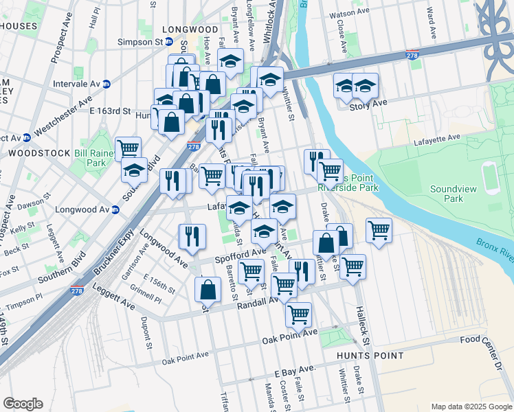 map of restaurants, bars, coffee shops, grocery stores, and more near 1312 Lafayette Avenue in Bronx