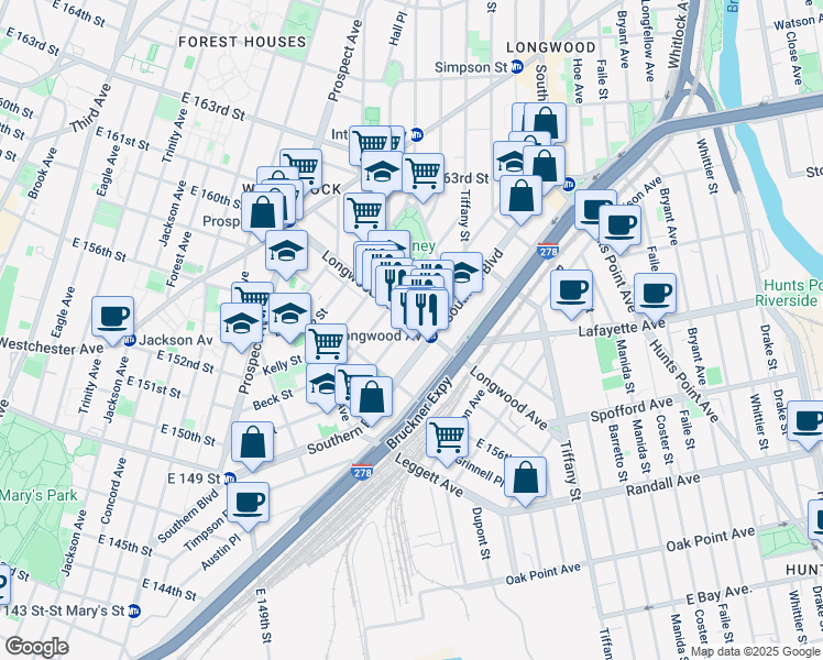 map of restaurants, bars, coffee shops, grocery stores, and more near 783 Fox Street in Bronx