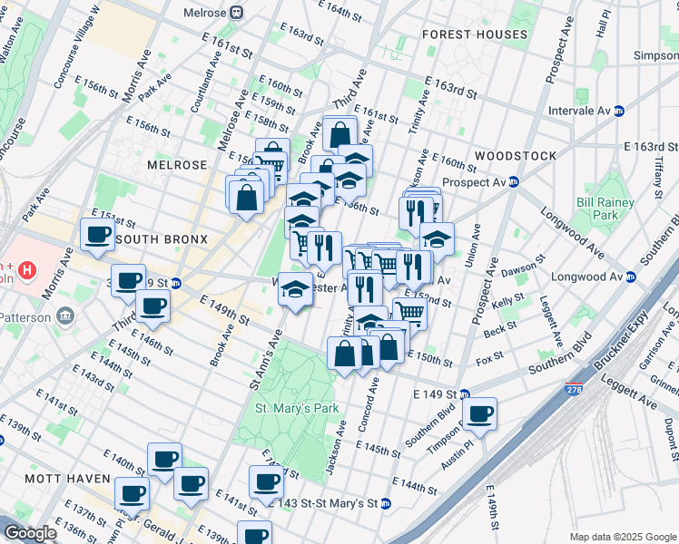 map of restaurants, bars, coffee shops, grocery stores, and more near 642 Westchester Avenue in The Bronx