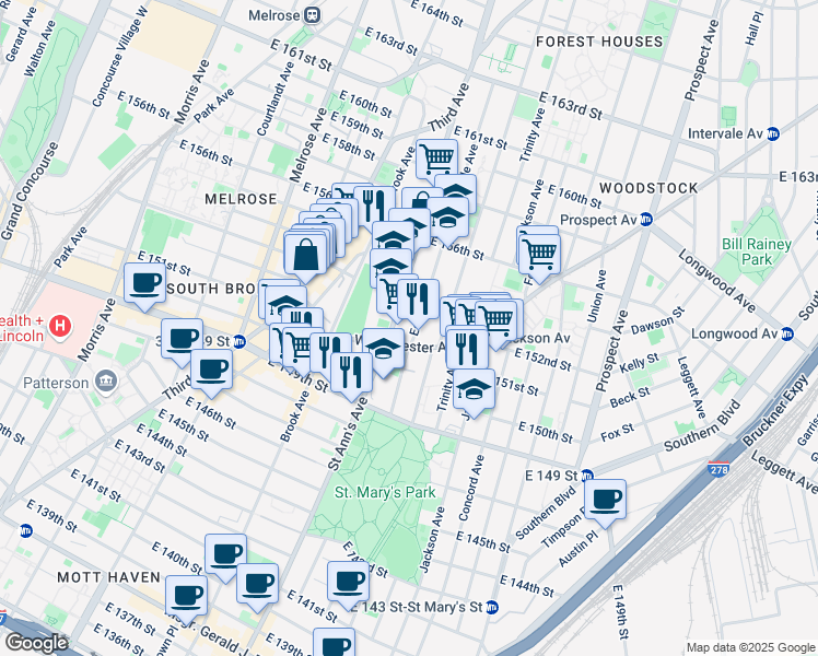 map of restaurants, bars, coffee shops, grocery stores, and more near 633 Eagle Avenue in Bronx