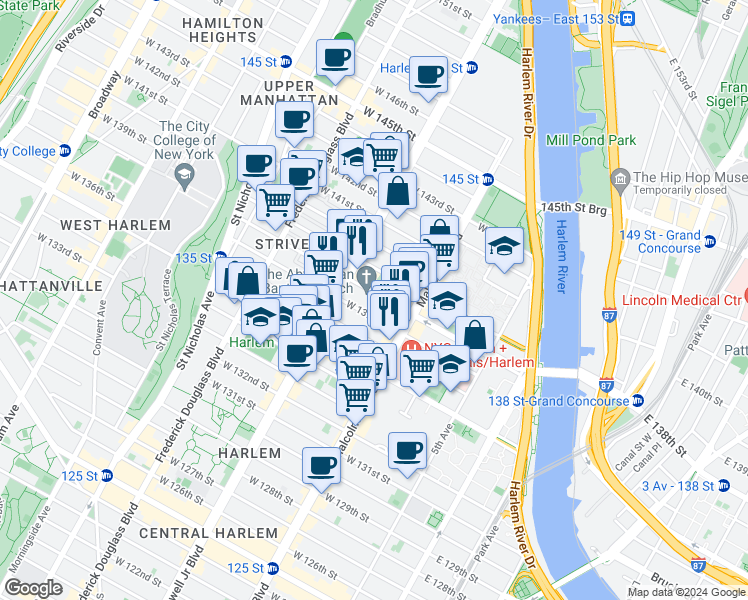 map of restaurants, bars, coffee shops, grocery stores, and more near 128 West 138th Street in New York