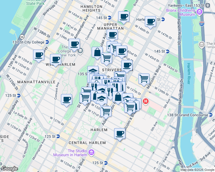 map of restaurants, bars, coffee shops, grocery stores, and more near 241 West 135th Street in New York