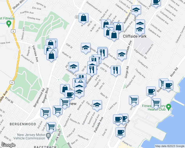 map of restaurants, bars, coffee shops, grocery stores, and more near 239 Anderson Avenue in Fairview