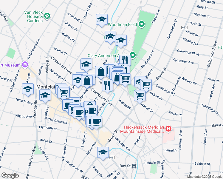map of restaurants, bars, coffee shops, grocery stores, and more near 62 North Willow Street in Montclair