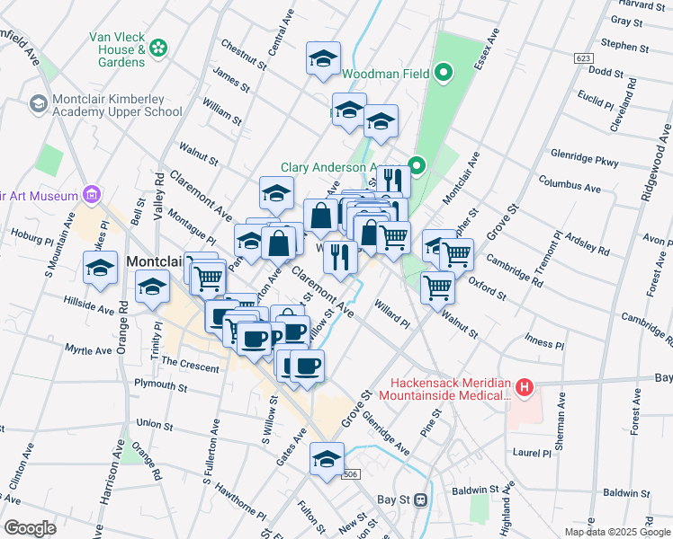 map of restaurants, bars, coffee shops, grocery stores, and more near 62 North Willow Street in Montclair