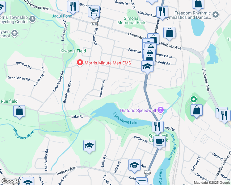 map of restaurants, bars, coffee shops, grocery stores, and more near 21 Max Drive in Morristown