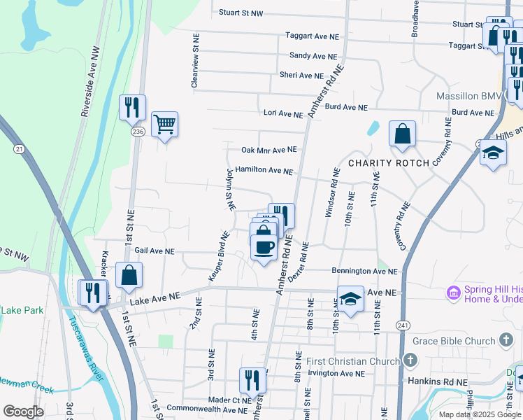 map of restaurants, bars, coffee shops, grocery stores, and more near 507 Amvale Avenue Northeast in Massillon