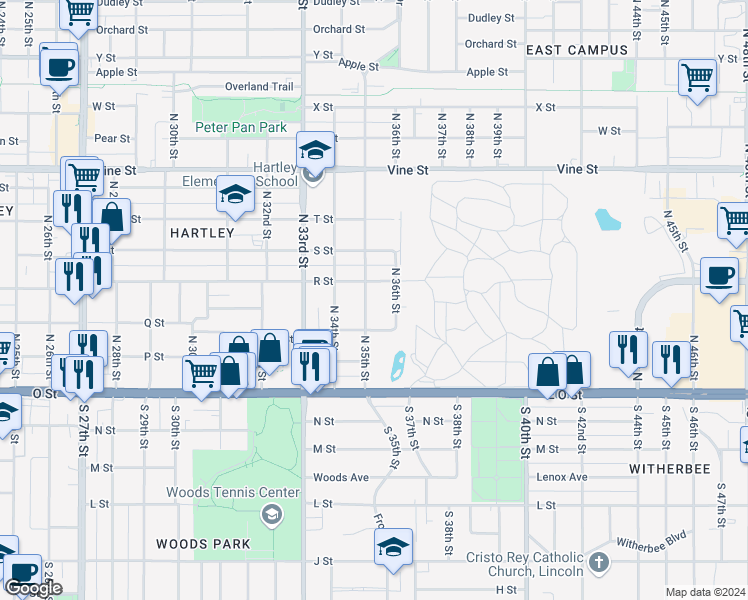 map of restaurants, bars, coffee shops, grocery stores, and more near 351 North 35th Street in Lincoln
