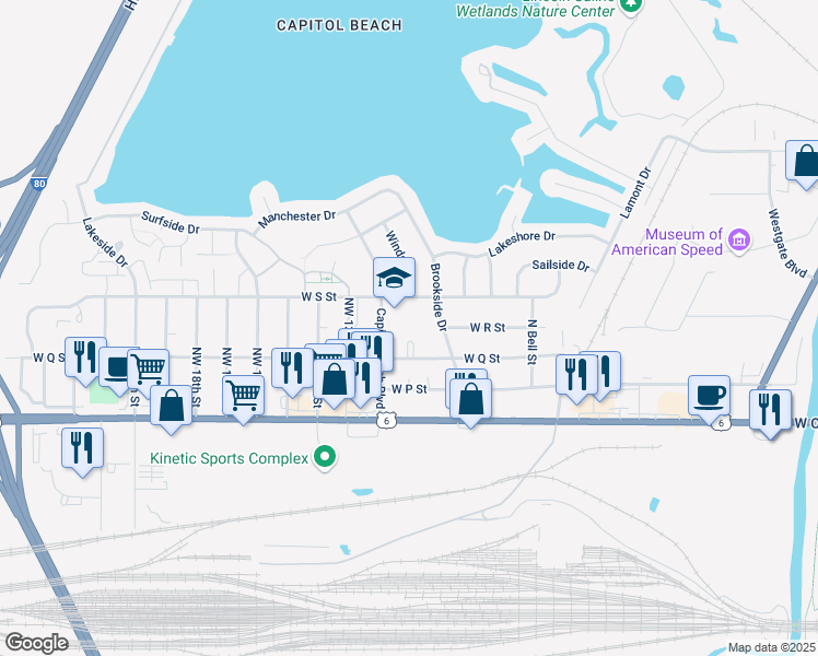 map of restaurants, bars, coffee shops, grocery stores, and more near 1040 West Q Street in Lincoln