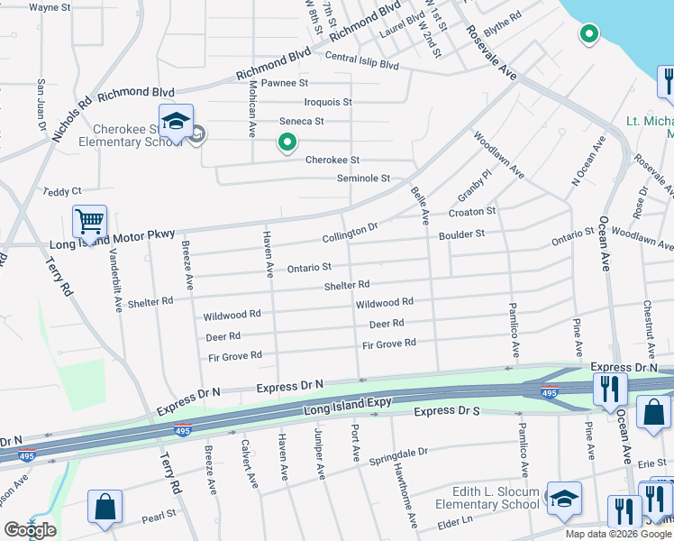 map of restaurants, bars, coffee shops, grocery stores, and more near 300 Ontario Street in Ronkonkoma