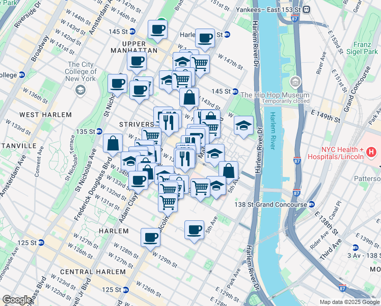 map of restaurants, bars, coffee shops, grocery stores, and more near 105 West 138th Street in New York