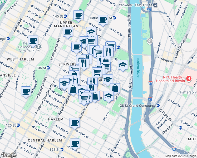 map of restaurants, bars, coffee shops, grocery stores, and more near 561 Lenox Avenue in New York
