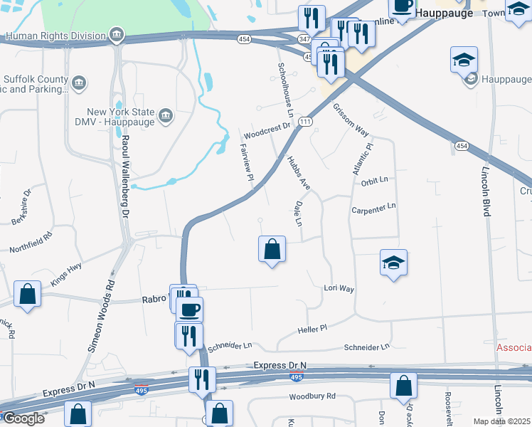 map of restaurants, bars, coffee shops, grocery stores, and more near 39 Wenwood Drive in Hauppauge