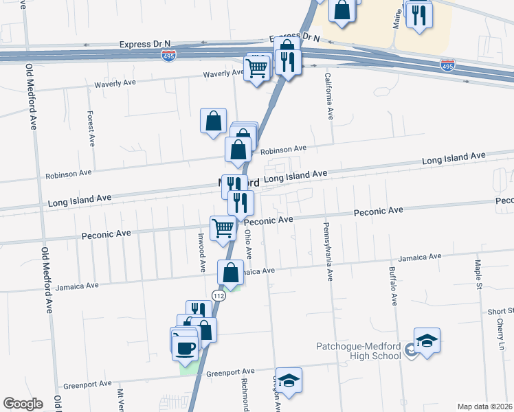 map of restaurants, bars, coffee shops, grocery stores, and more near 1 Oregon Avenue in Medford