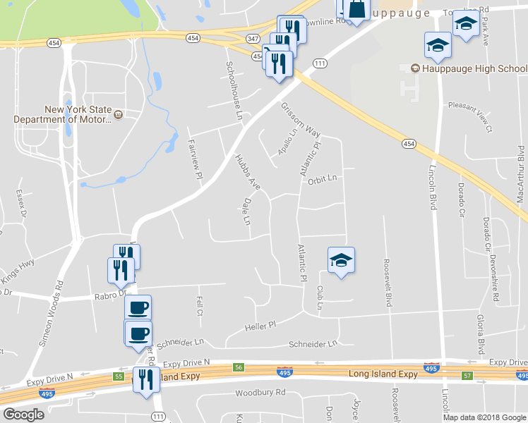 map of restaurants, bars, coffee shops, grocery stores, and more near 364 Hubbs Avenue in Hauppauge