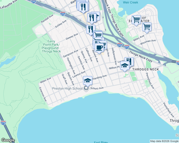 map of restaurants, bars, coffee shops, grocery stores, and more near 260 Swinton Avenue in Bronx
