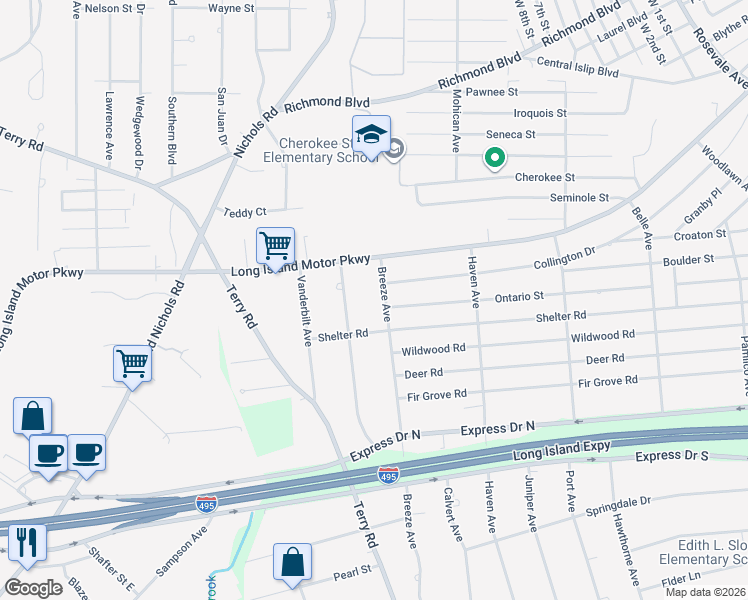 map of restaurants, bars, coffee shops, grocery stores, and more near 350 Breeze Avenue in Ronkonkoma