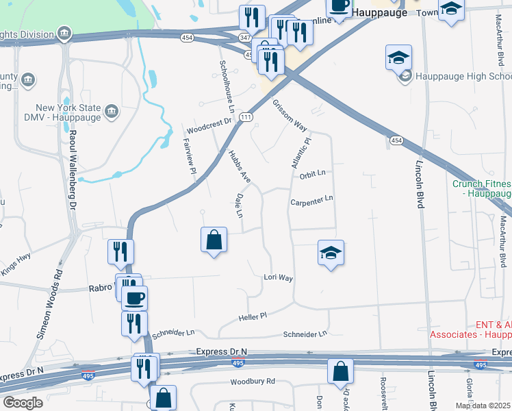 map of restaurants, bars, coffee shops, grocery stores, and more near 364 Hubbs Avenue in Hauppauge