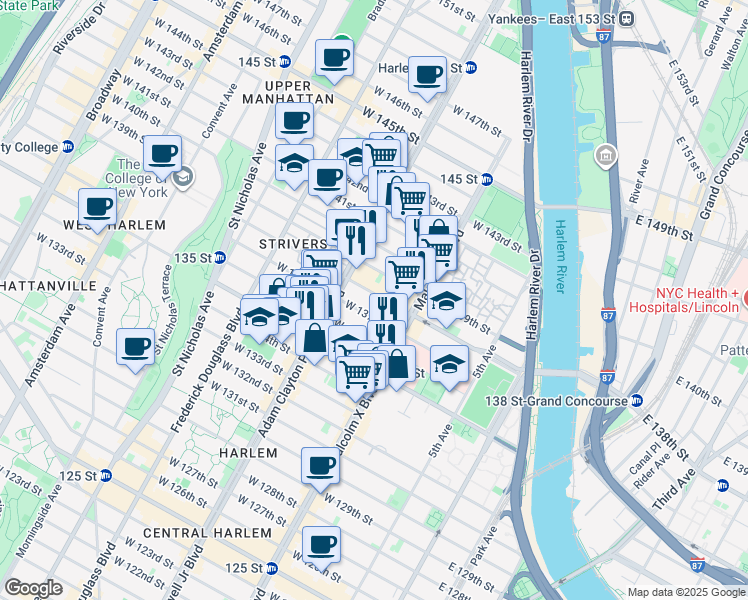 map of restaurants, bars, coffee shops, grocery stores, and more near 128 West 138th Street in New York