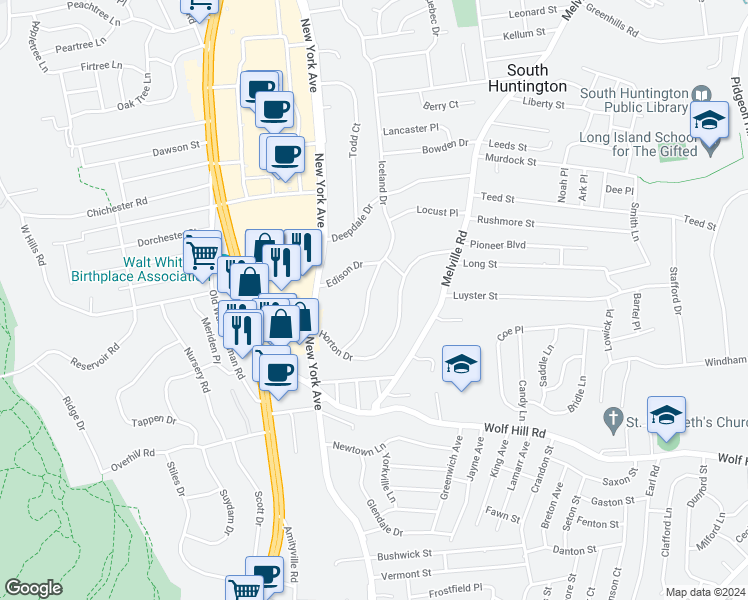 map of restaurants, bars, coffee shops, grocery stores, and more near 198 Iceland Drive in Huntington Station