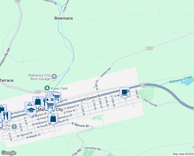 map of restaurants, bars, coffee shops, grocery stores, and more near 7 Delano Road in Mahanoy City