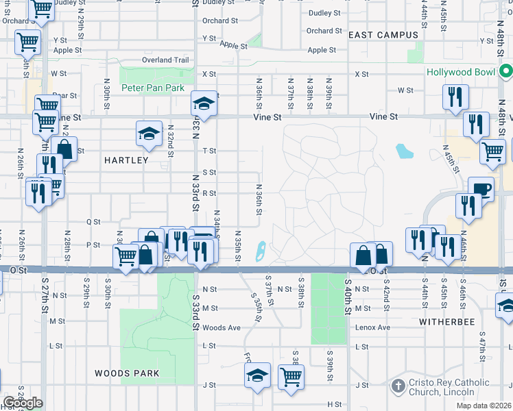 map of restaurants, bars, coffee shops, grocery stores, and more near 335 North 36th Street in Lincoln