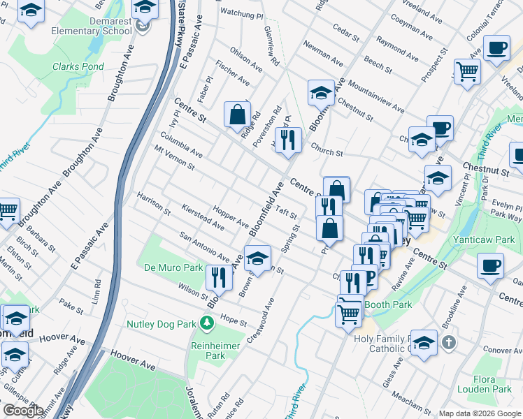 map of restaurants, bars, coffee shops, grocery stores, and more near 231 Bloomfield Avenue in Nutley