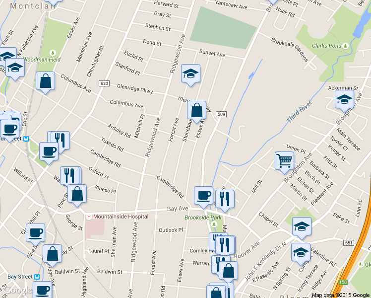 map of restaurants, bars, coffee shops, grocery stores, and more near 77 Stonehouse Road in Glen Ridge