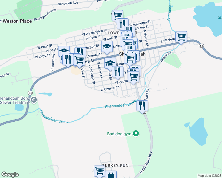 map of restaurants, bars, coffee shops, grocery stores, and more near 306 West Chester Street in Shenandoah