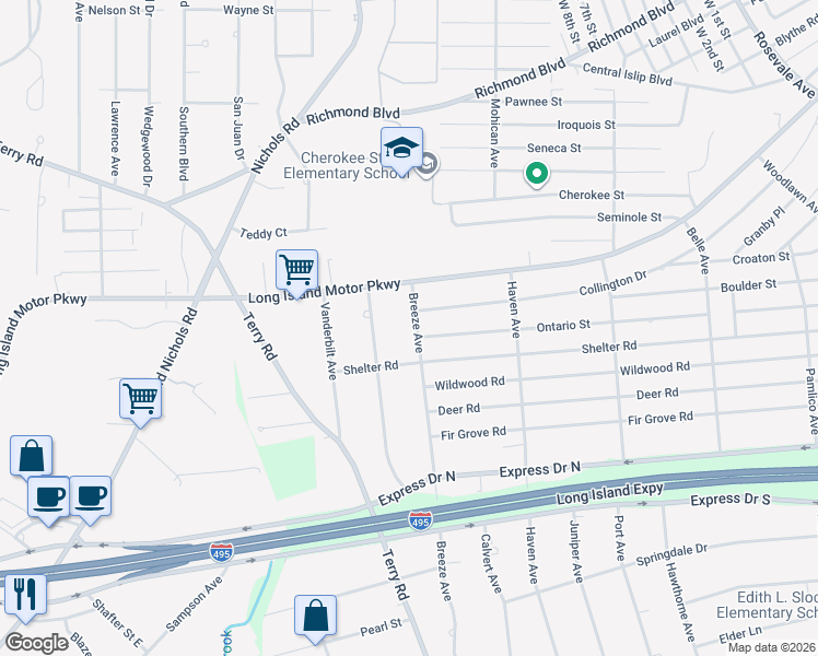 map of restaurants, bars, coffee shops, grocery stores, and more near 350 Breeze Avenue in Ronkonkoma