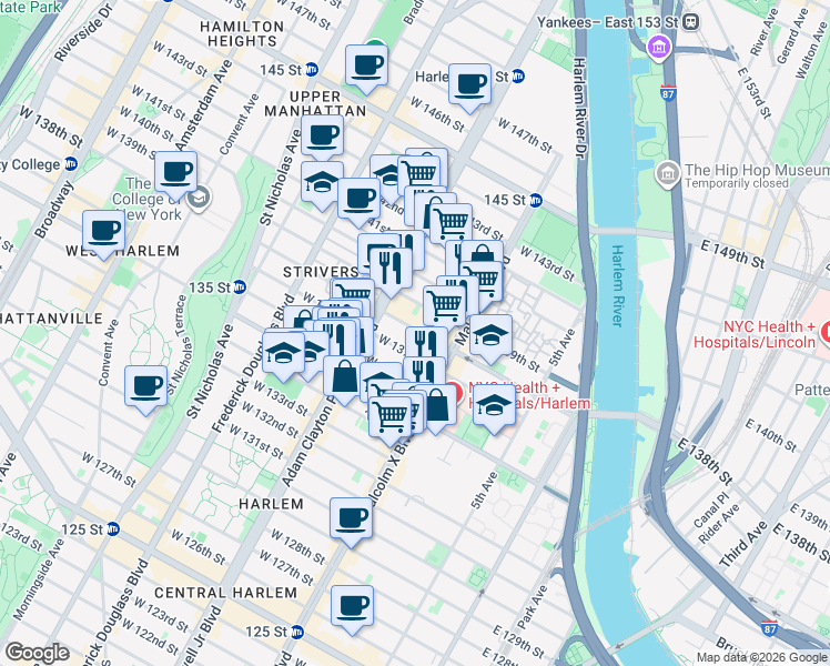 map of restaurants, bars, coffee shops, grocery stores, and more near 128 West 138th Street in New York