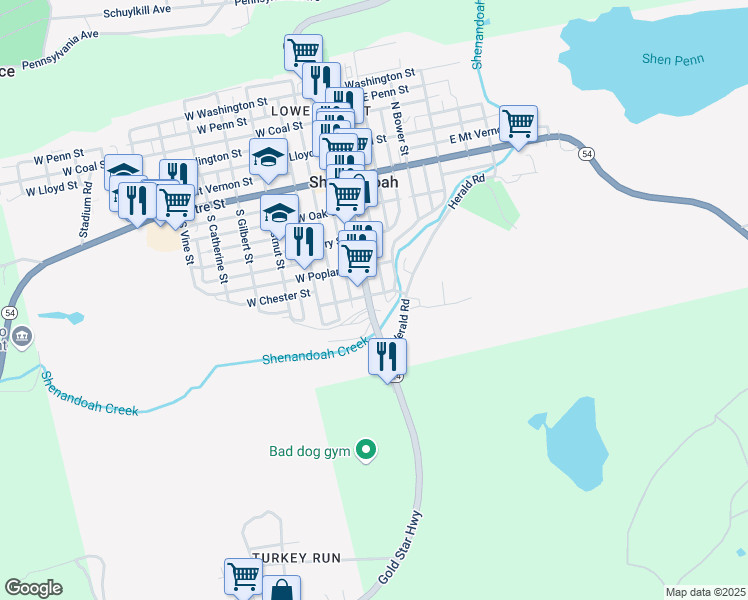 map of restaurants, bars, coffee shops, grocery stores, and more near 403 South Main Street in Shenandoah