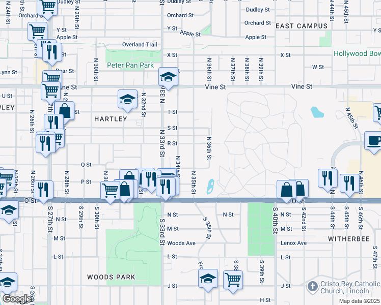 map of restaurants, bars, coffee shops, grocery stores, and more near 351 North 35th Street in Lincoln