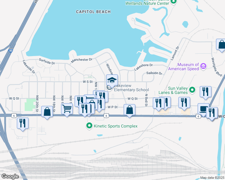map of restaurants, bars, coffee shops, grocery stores, and more near 300 Capitol Beach Boulevard in Lincoln