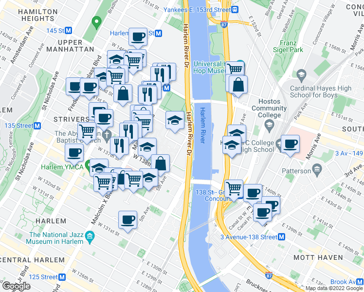 map of restaurants, bars, coffee shops, grocery stores, and more near 5th Ave & W 141st St in New York