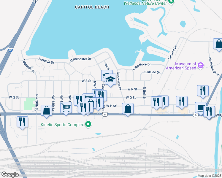 map of restaurants, bars, coffee shops, grocery stores, and more near 300 Capitol Beach Boulevard in Lincoln