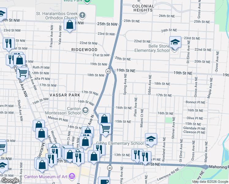 map of restaurants, bars, coffee shops, grocery stores, and more near 219 17th Street Northeast in Canton