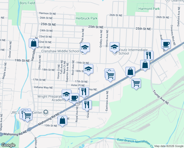 map of restaurants, bars, coffee shops, grocery stores, and more near 1736 Grace Avenue Northeast in Canton