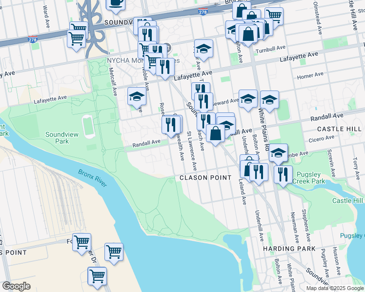 map of restaurants, bars, coffee shops, grocery stores, and more near 1764 Randall Avenue in Bronx